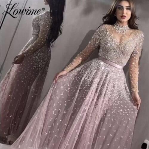 Long Sleeves Illusion High Neck Handmade Beaded Sequins Arabic Abendkleider Evening Dress 2020 Robe De Soiree Longue Party Gowns