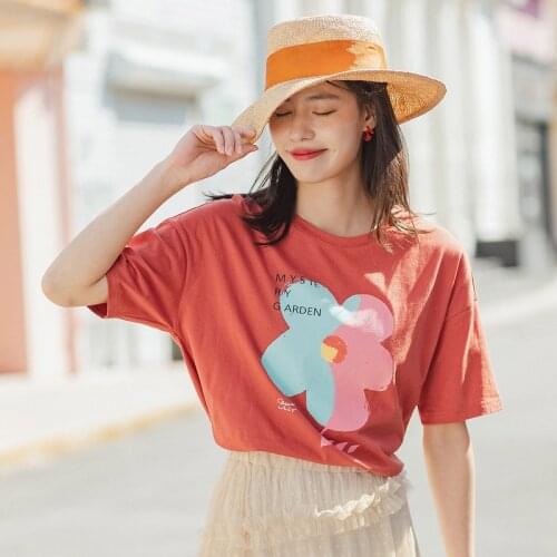 INMAN Summer Literary Round Collar Graffiti Flower Pure Cotton Loose All-match Short Sleeve T-shirt