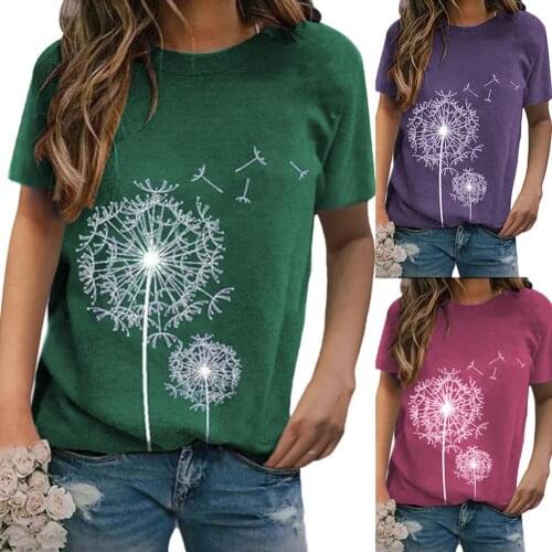 Summer Women T-Shirt Shirt Tops Casual Solid Color Short Sleeve O-Neck Dandelions Print Cotton Spandex Women Loose T-shirt 2021