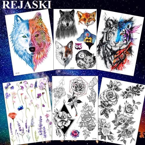 Geometric Fox Rose Temporary Tattoos For Women Forest Triabl Wolf Men Tattoo Sticker Fake Tatoos Waterproof Sexy Flora Tattoo