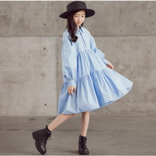 Girls Dress 2021 Fall New Teenage Girl Solid Color Korean Cotton Long Sleeve Princess Dresses Children Dress Clothing 10 12 14T