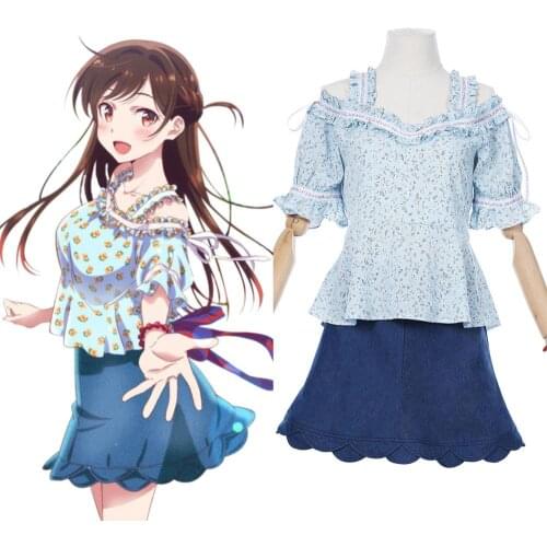 2020 Anime Kanojo Okarishim Rent A Girlfriend Mizuhara Chizuru Cosplay Costume Short Sleeve Top Shirt dark blue Skirt Set Wig