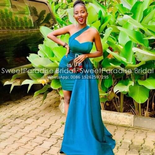 Sky Blue Short Robes De Cocktail Dresses With Streamer One Shoulder Sheath Mini Dress Pagent Reception Dress Gown