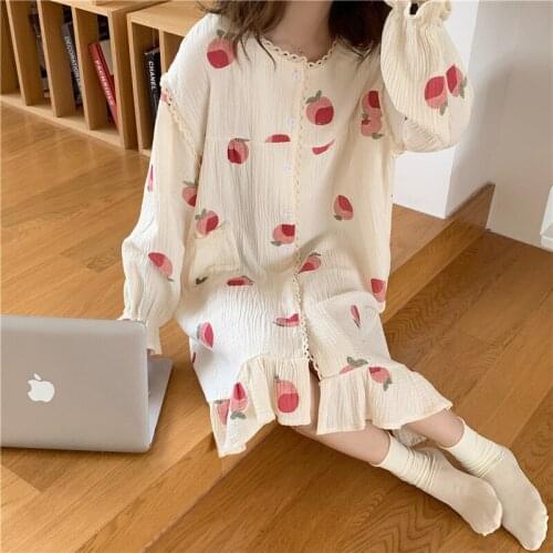 Peach Print Autumn Nightgown Women Kawaii Apricot Long Sleepwear O-Neck Long Sleeve Kawaii Homewear Home Clothes Cotton