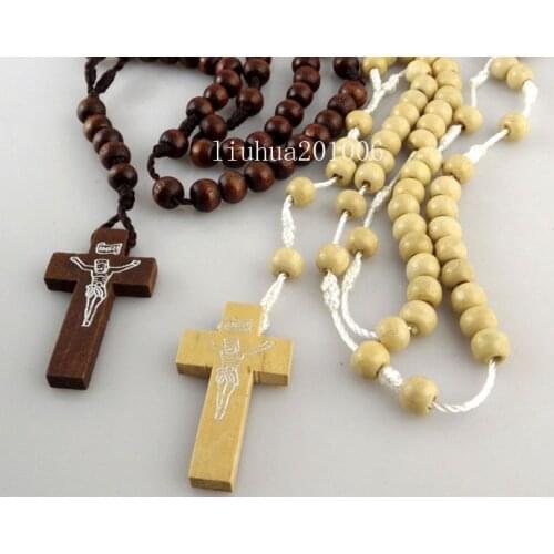 Wholesale 24 pcs Mix Color Wooden Rosary Beads Jesus Cross Pendant Necklaces Wood Religious Cross Jewelry
