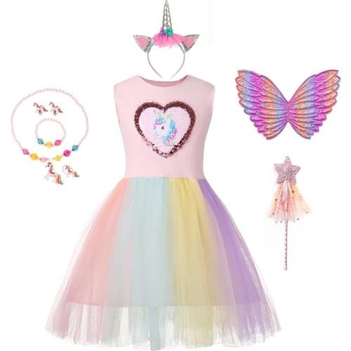 Birthday Party Rainbow Unicorn Dress Kids Clothes Baby Girls Costume Elegant Cute Summer Sleeveless Princess Dress Mesh Vestidos
