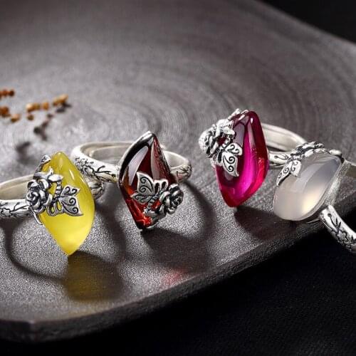 Roses Butterflies Chalcedony Han Edition Female Ring Wholesale High-grade Pure Silver Restoring Ancient Ways Openings