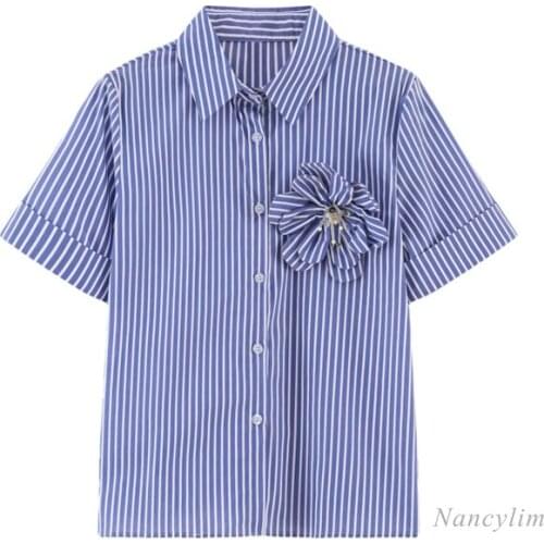 Three-Dimensional Flower Blue Striped Shirt Womens Short Sleeve Blouse Female Cloth 2021 Summer New Loose Girls Students Blusas
