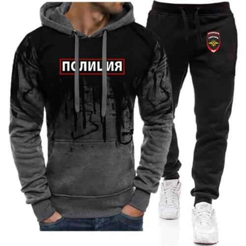 2021Men Russian The Police Letter Printing 2 Pieces Sets Tracksuit Hooded Sweatshirt+Pants Pullover Coats Sportwear Suit Clothes