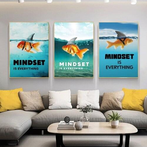 Goldfish Inspirational Art Posters and Prints on Canvas Painting MINDSET IS EVERYTH Success Motivational Art Wall Pictures Decor