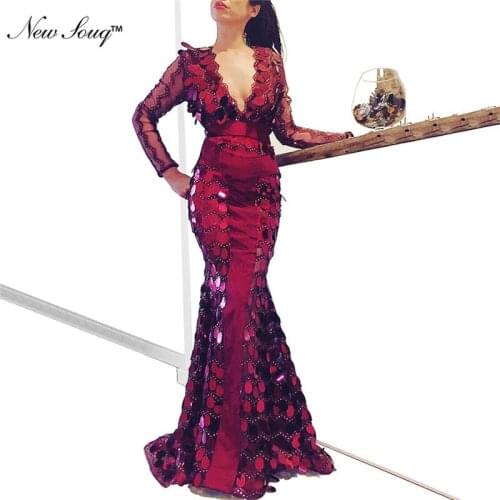V Neck Evening Dresses Long Sleeves Sequined Party Dress Robe De Soiree Saudi Arabic Dubai Formal Prom Gowns 2019 Couture