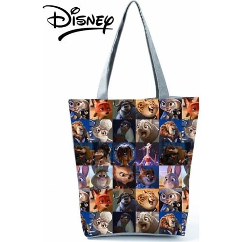 Disney Zootropolis Handbags High Capacity Eco Reusable Shopping Bag Cartoon Animal Shoulder Bag Outdoor Travel Beach Bag Female