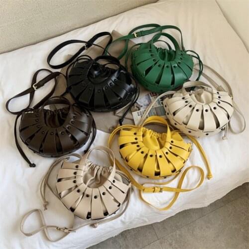 Women Stylish Hollow Out Crossbody Bag, Vintage Solid Color Fan-Shaped Shoulder Purse Lightweight Bucket Bag Handbag