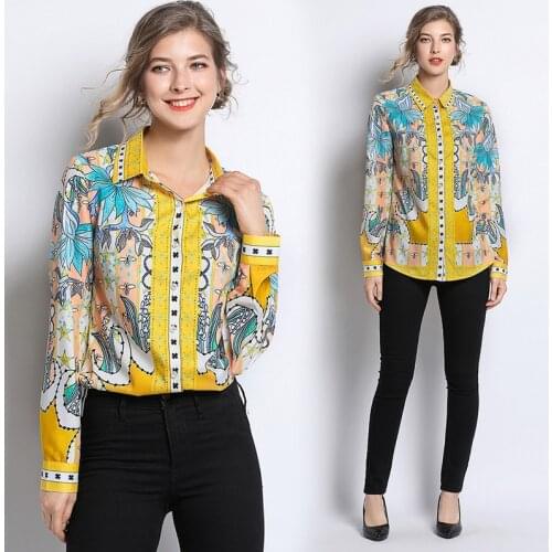 New Spring Summer Fall Runway Floral Print Collar Button Front Up Down Long Sleeve Women OL Party Casual Top Shirts Blouse