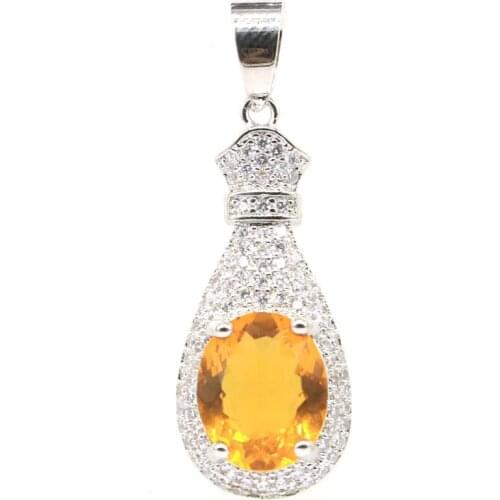 39x13mm SheCrown Elegant Created Golden Citrine White CZ Gift For Womans Silver Pendant