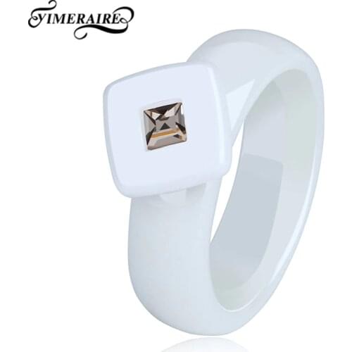 Smooth Healthy Ceramic Ring Classic Black White Color With Square Shaped Crystal For Women Fashion Design Anniversary Jewelry