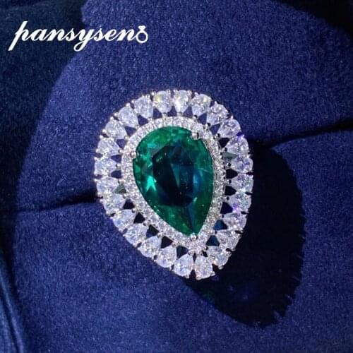 PANSYSEN Vintage 100% 925 Sterling Silver Emerald Gemstone Charm Diamond Ring Wedding Cocktail Party Fine Jewelry Gift Wholesale