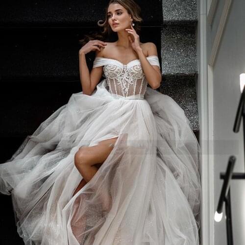 Bohemian Illusion Beach Wedding Dresses Sexy Side Split Off The Shoulder Long Shiny Sequin Tulle Bridal Gowns Vestidos De Novia