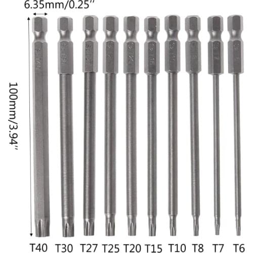 10Pcs/Set 100mm 1/4Inch Hex Shank Magnetic Head Torx Screwdriver Bits Set T5-T40 Dropshipping