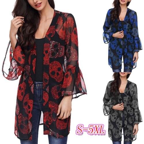 2021 large-size European and American fashion skulls print long sleeves chiffon V-neck sleeve cardigan ladies coat shawl