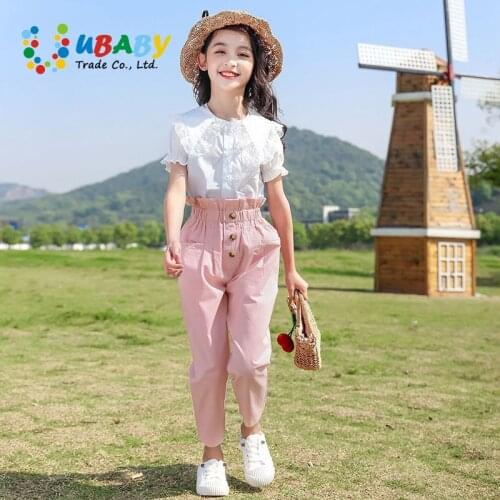 2021 New Girls Summer Candy Colors Casual Pants Suit Childrens Cotton White Lace Short Sleeve T-Shirt + Jeans 2 Pcs Kids Sets