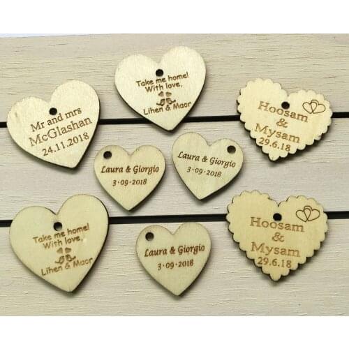 50pcs Personalized Wood Heart tag Engraved Baby Baptism Hangs Love heart Wedding Gift tag Candy box tag Wedding Party decoration