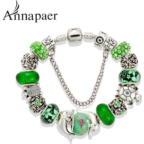 Annapaer Fashion Dolphins charm Bracelets & Bangles Fine Green European Crystal Beads bracelets for Women Jewelry Gift B15406