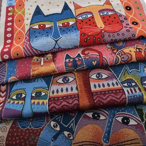 Chainho,Yarn Dyed Polyester Linen Jacquard Fabric,DIY Sewing Cushion,Bags Material,Cats Series,4 Pieces,48x48cm