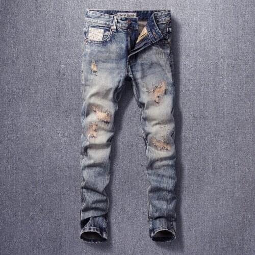 Newly Streetwear Fashion Men Jeans Retro Yellow Blue Slim Fit Destroyed Ripped Jeans Men Embroidery Designer Denim Punk Pants