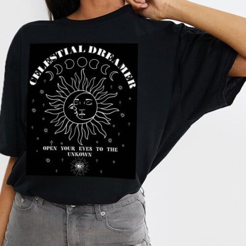 Sun Moon Stars Print Boho Aesthetic T Shirt Summer Vintage Hippie Oversized Tshirt Women Mystical Graphic Tees Witch Shirt Tops