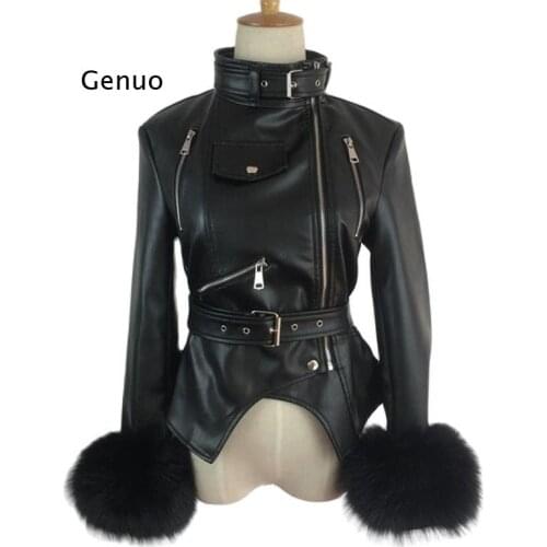 PU leather Jacket Women Winter Black Padded Warm Punk Outerwear Fashion Motorcycle Female Coat Fur Sleeves Windbreaker