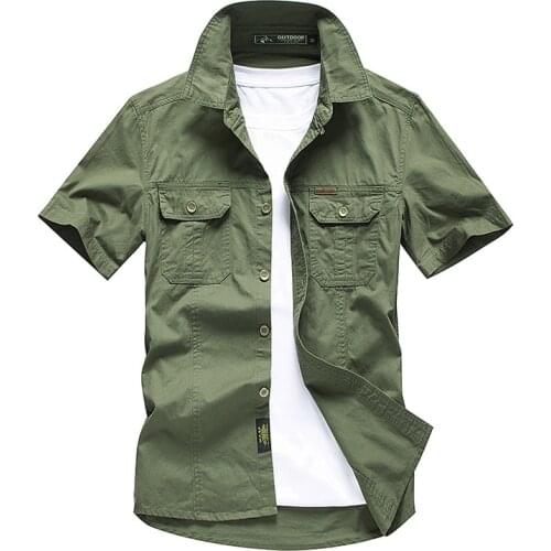 New Casual Shirt Men Summer Breathable Mens Shirts 100% Cotton Military Solid Short Sleeve Dress Shirts Male Chemise Homme M-4XL