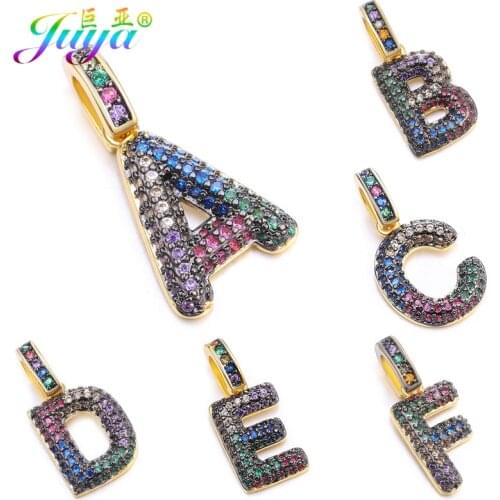 Juya DIY Bracelet Necklace Making Findings Multicolor Rainbow Zircon Gold 26 Alphabet Initial Letter Charms Pendant Supplies