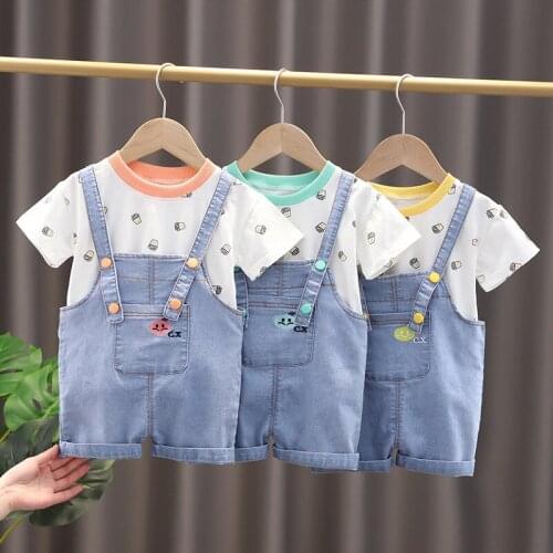 Newborn Baby boy summer clothes outfit set T-shirt denim strap shorts suit for toddler boy baby clothing 1 2 year birthday sets
