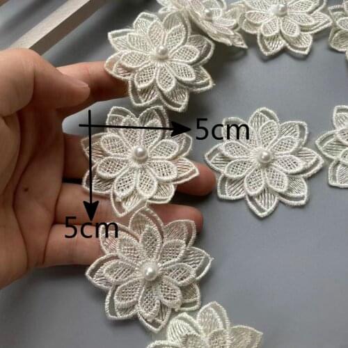 10X Soluble Ivory Pearl Flower Lace Trim Polyester Embroidered Ribbon Fabric Sewing Supplies Craft Decor, DIY Handmade Materials