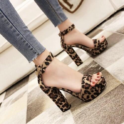 Sianie Tianie 2020 leopard sexy thick high heels womens sandals open toe buckle strap party office platform sandals for woman