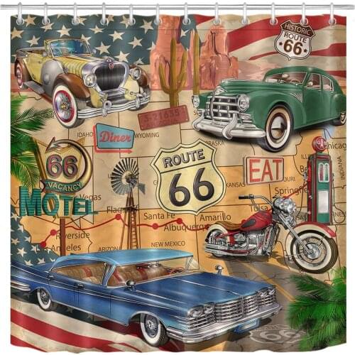 Old Classic Car Theme American Vintage Route 66 Diner Shabby Chic Shower Curtain