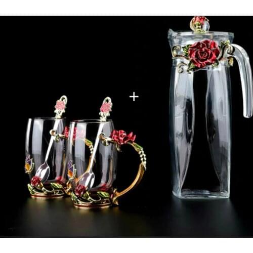 Red rose Enamel Crystal Flower Glass Teapot for Hot and Cold Drinks 1300ml Home Drinkware Office water kettle Tea set coffee pot