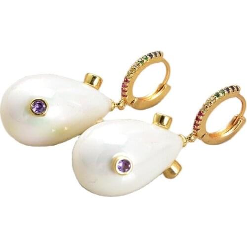 GuaiGuai Jewelry Teardrop White Sea Shell Pearl Mixed color Cz Pave Lever back Earrings
