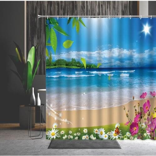 Shower Curtain Tropical Landscape Ocean Sandy Beach Green Leaf Flowers Palm Tree Bird Waterproof Photography Backdrop With Hooks