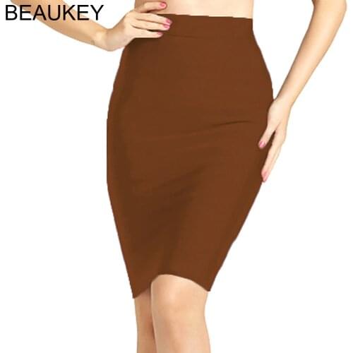 BEAUKEY Brown Color Office Lady Pencil Bandage Skirt Plus Size XL Knee Length Skirt Wholesale Fashion Knee Length Bodycon Skirt