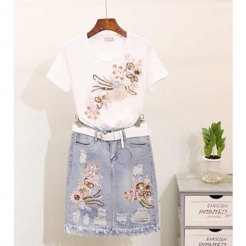 2021 Summer Beaded Sequins Embroidered Flowers Short-sleeved T-shirt + Frayed Denim Bag Hip Skirt Two-piece Suit Women