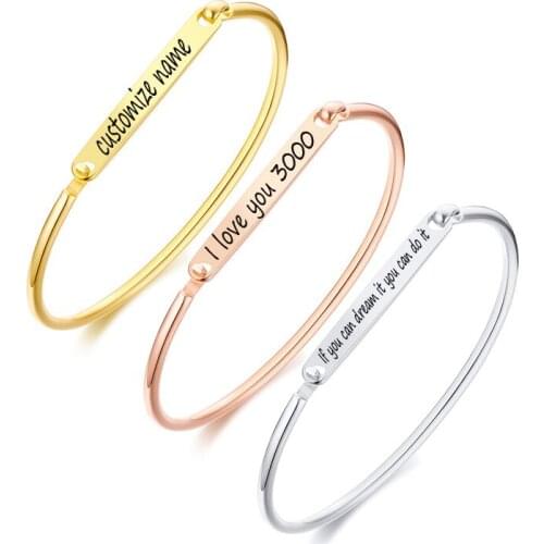 Personalized Engraved Name Bracelet Silver Color Bar Screw Cuff Bangles Lovers Bracelets For Women Gift Jewelry