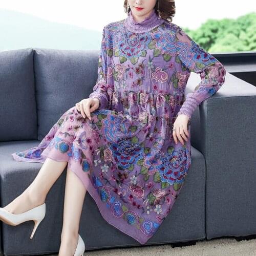 2021 Spring Fall Vintage Women Stand Collar Full Sleeve Purple Embroidery Dress , Woman Sweet A Linen Flower Dresses