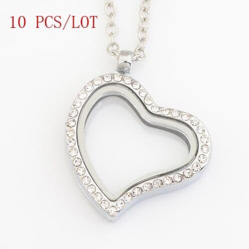 10 PCS/LOT 30mm heart magnetic floating lockets with rhinestone, with free 50-55cm chain FN0006