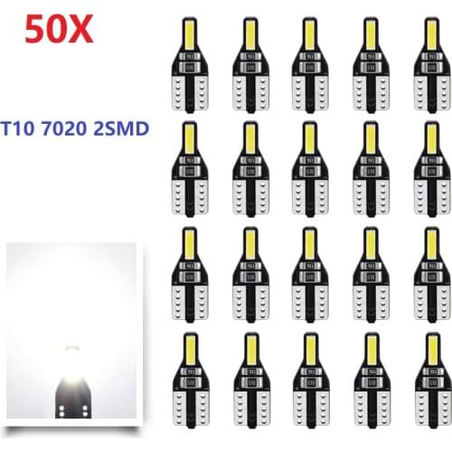 50pcs LED W5W T10 194 168 W5W 7020 2SMD Led Parking Bulb Auto Wedge Clearance Lamp CANBUS Bright White 6000K License Car Light