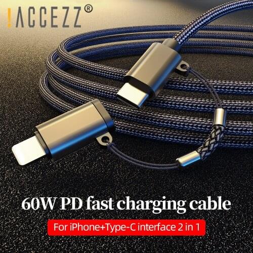 !ACCEZZ 60W PD 2 in 1 USB C to USB Type-C Cable Lighting Fast Charging For iPhone 12 MacBook Pro Samsung QC 4.0 3.0 Charger Wire