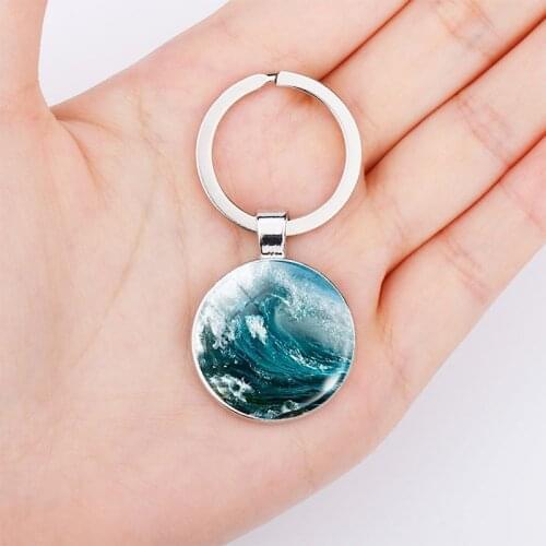 Glamorous Blue Wavy Fashion Keychain Wavy Gem Water Wave Pendant Natural Surf Glass Dome Keychain Metal Gift