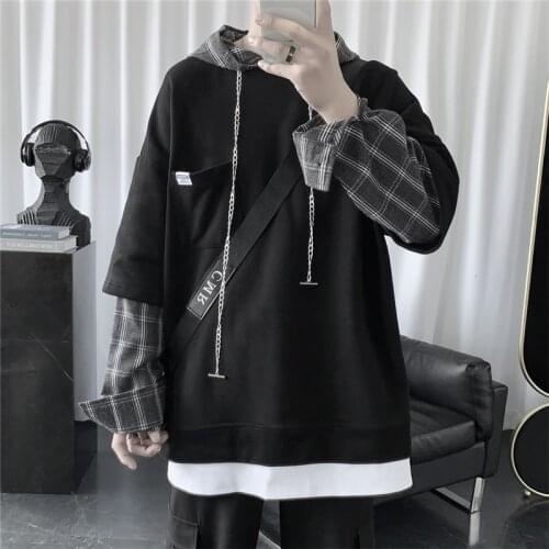Hip Hop Fake Two-Piece Oversized Plaid Hoodie 2021 Korean Clothes Kpop Fashion Sweatshirt Man Hoodies Ulzzang Streetwear Male