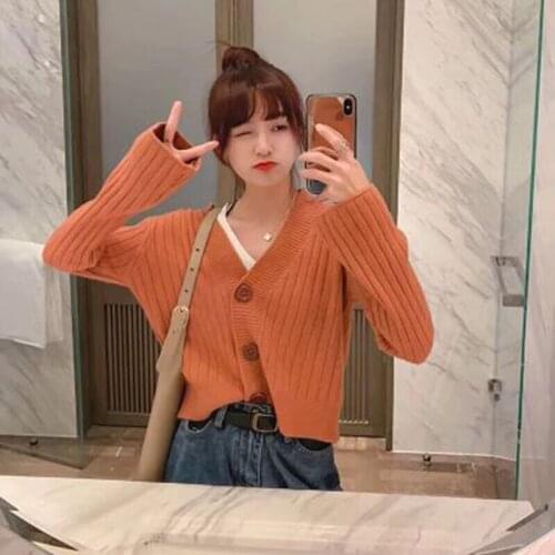 LJSXLS 2021 Loose Short Knitted Sweater Womens Autumn Winter Cardigan Long Sleeve Tops Women Gray Ladies Soft Outwear Female